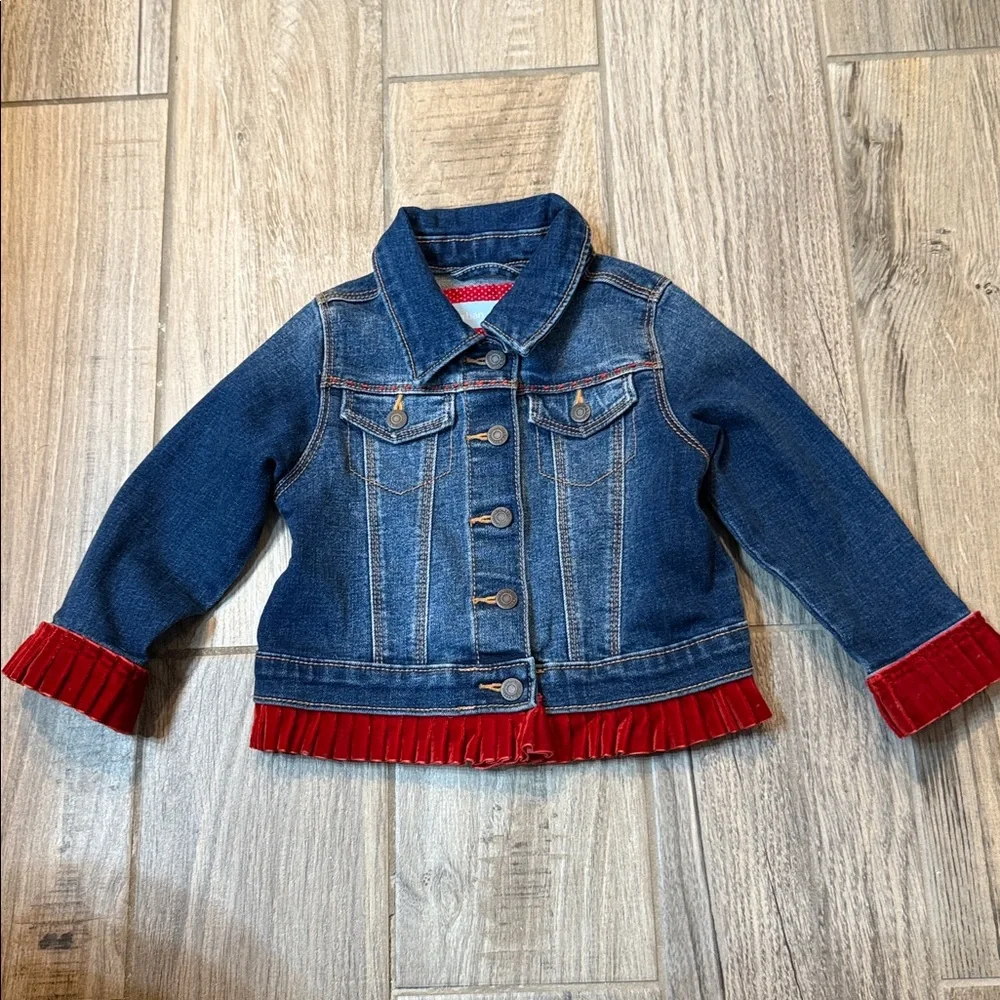 Urban Charlee Girls‎ Denim Jacket w/Red Velour Ruffle Hem & Horse Embroidery
